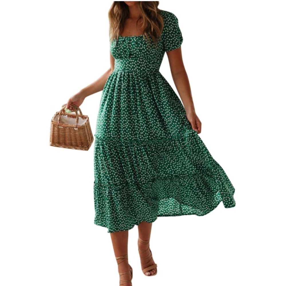 Bright Green Short Sleeve Summer Midi Swing Dress💚🤍